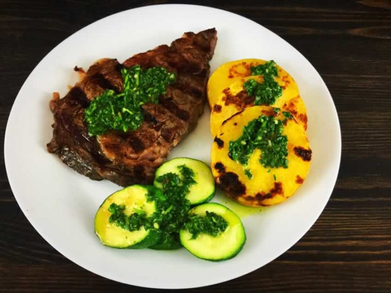 Grilled Butternut Squash, Zucchini and Steak with Chimichurri Sauce