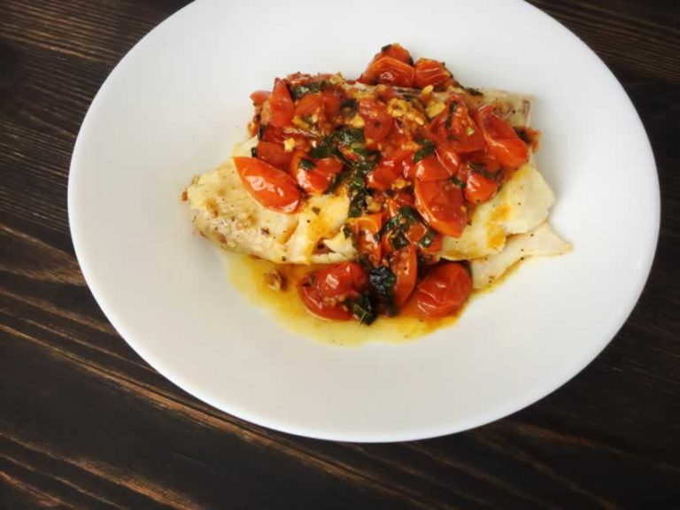 Pan-Seared Cod in White Wine Tomato Basil Sauce