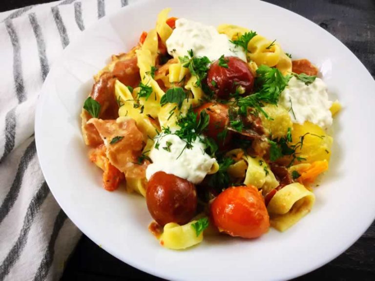 Garlic and Herb Roasted Cherry Tomato Carbonara with Crispy Prosciutto and Burrata