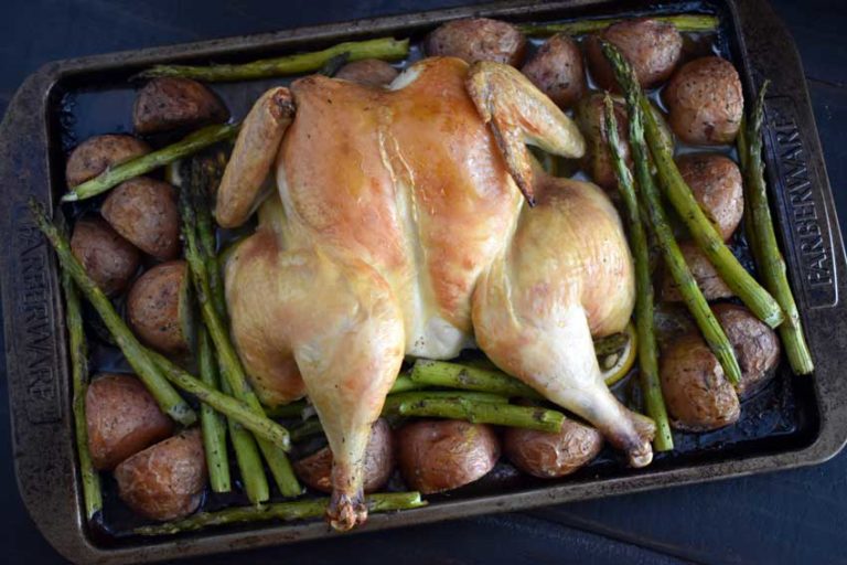 Spatchcock Chicken with Potatoes, Asparagus and Lemon