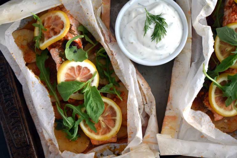 Parchment Baked Lemon Salmon and Potatoes with Dill Yogurt