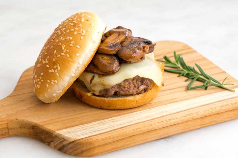 Swiss Pan Burgers with Rosemary-Mushroom Pan Sauce