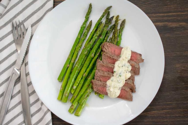 Broiled Steak & Asparagus with Feta Cream Sauce