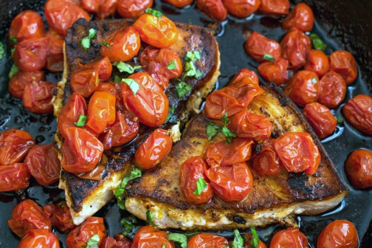 One-Pan Sicilian Swordfish with Spicy Olive Oil Poached Tomatoes