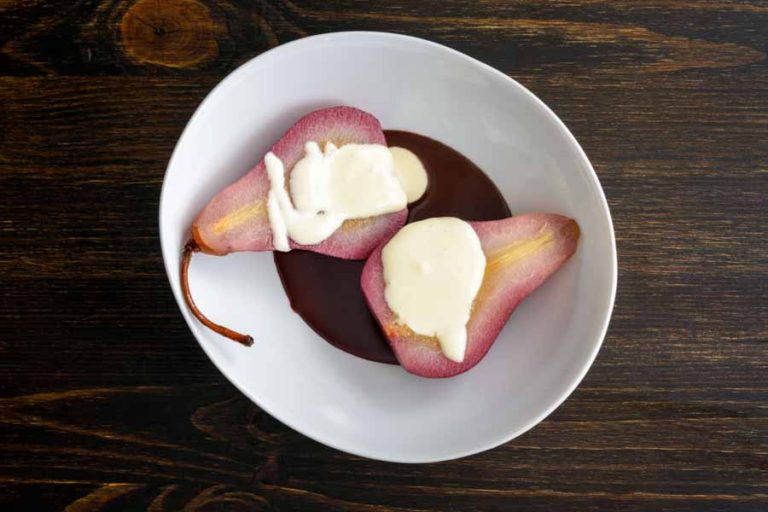 Red Wine Poached Pears with Chocolate & Cardamom