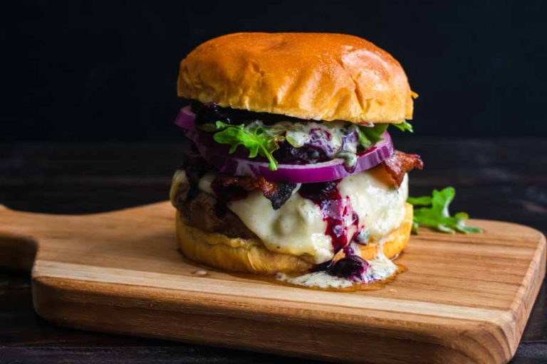 Red, White, and Blueberry Bacon Burger with Basil Aioli