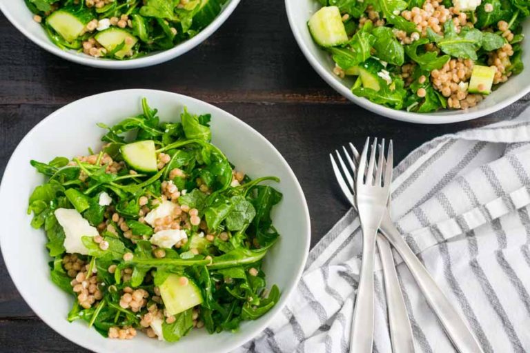 Lemony Arugula Salad with Couscous, Cucumbers and Feta