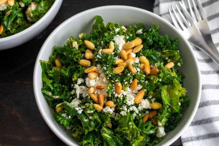 Warm Kale Salad with Goat Cheese, Pine Nuts and Sweet Onion Balsamic Dressing