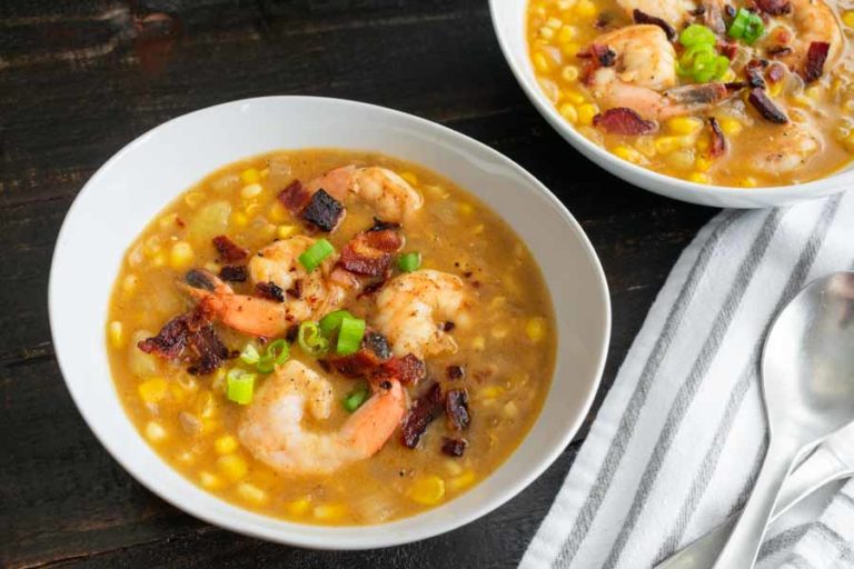 Sweet Corn, Peppered Bacon and Shrimp Chowder