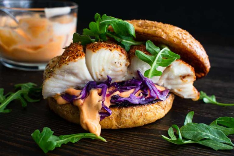 Blackened Fish Burger and Sriracha Mayo