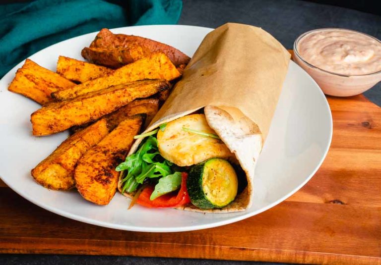 Harissa Halloumi & Roasted Vegetable Wraps & Sweet Potato Wedges