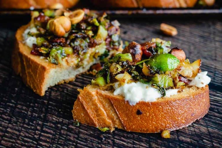 Caramelized Brussels Sprout Toast with Burrata & Bacon