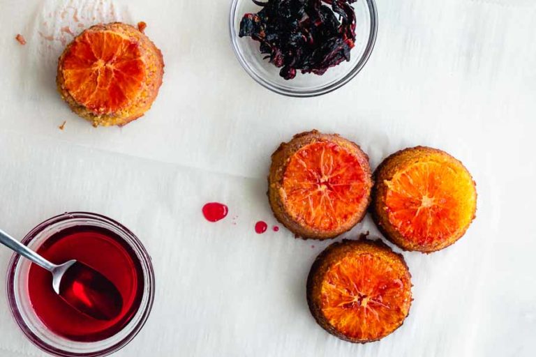 Upside Down Blood Orange, Hibiscus, and Polenta Cakes