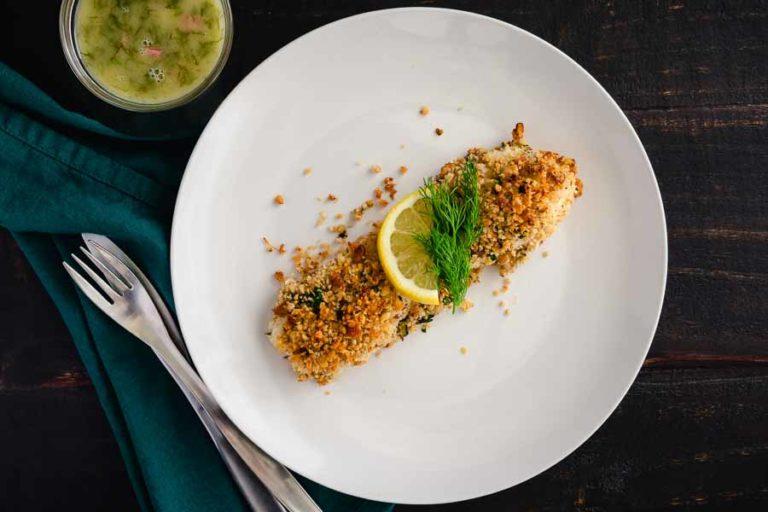 Walnut-Crusted Halibut in Lemon Wine Sauce