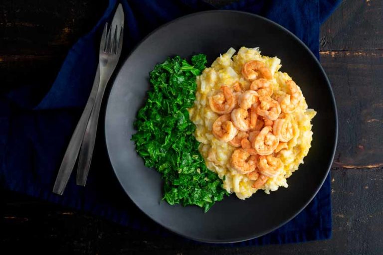 Spicy Shrimp With Cauliflower Mash and Garlic Kale