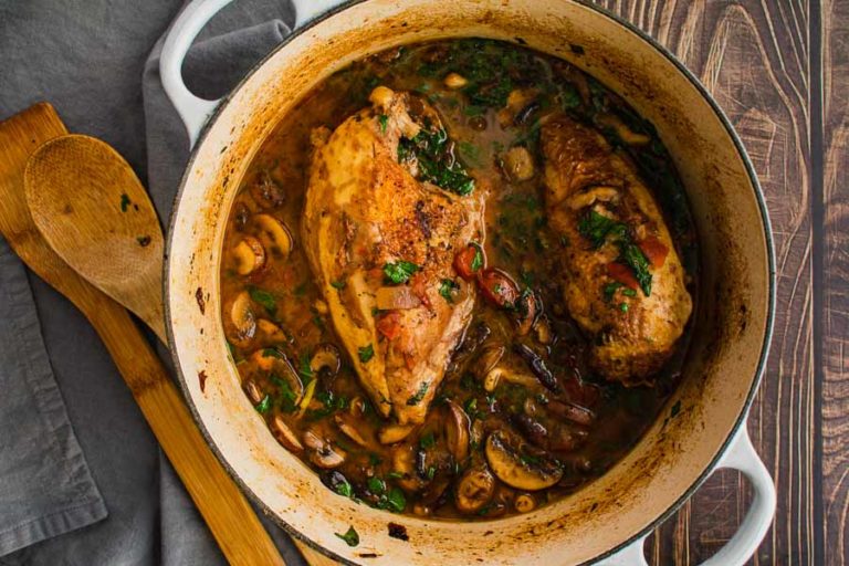 Chicken Pinot Noir with Wild Mushrooms and Fresh Basil