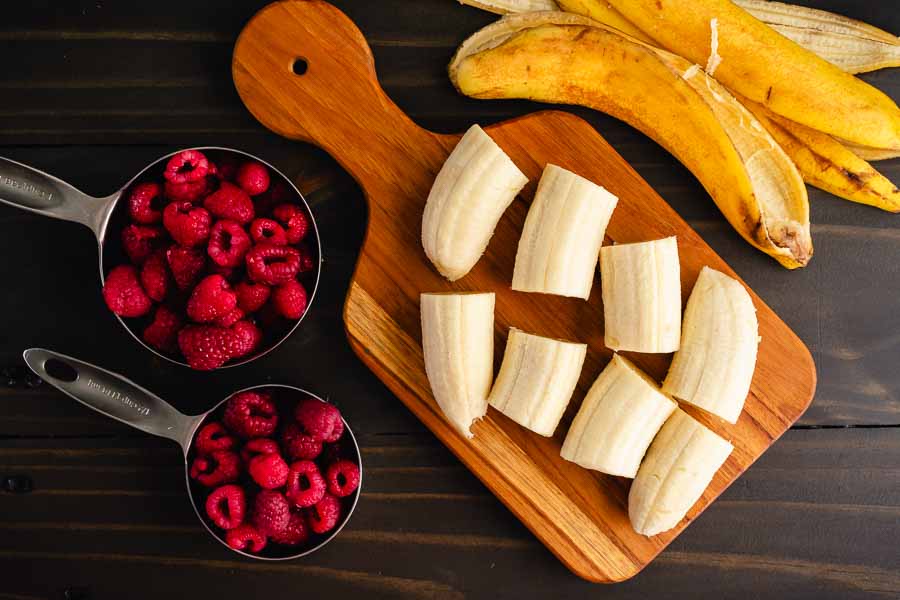 Measured raspberries and peeled and chopped banana