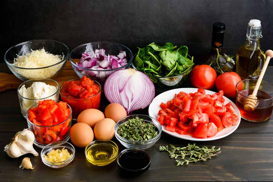 Prepped Eggplant Parmigiana Shakshuka ingredients