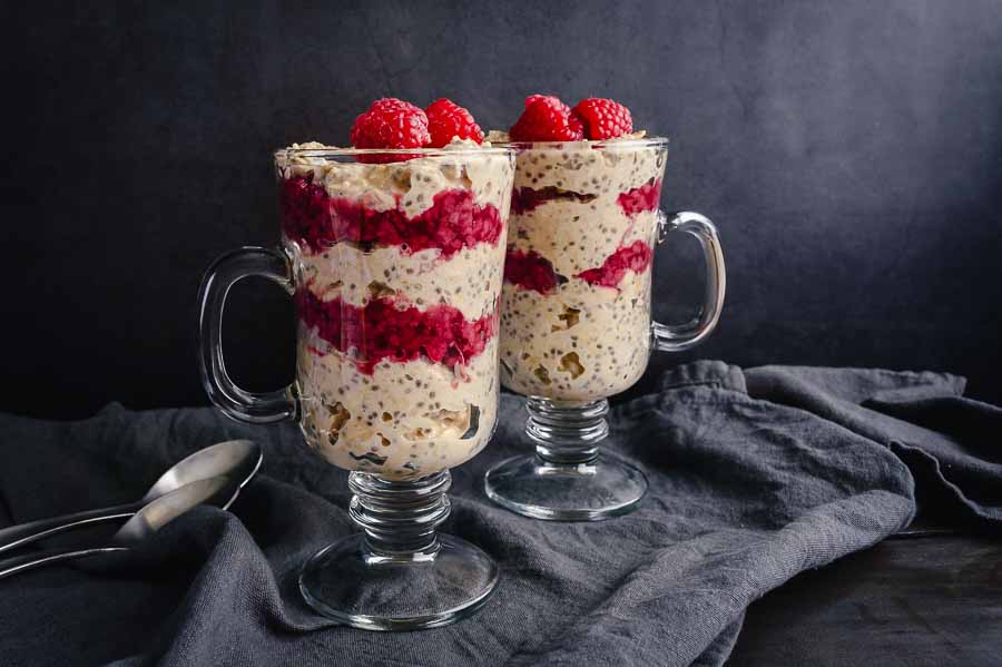 Raspberry Peanut Butter Oat Parfaits with two layers of raspberry compote