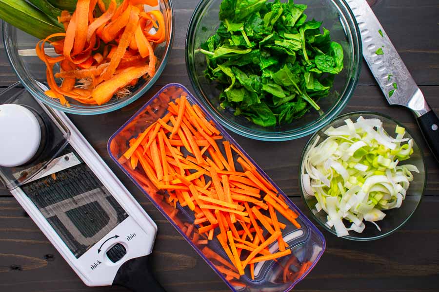 Julienned carrots, chopped ginger, and sliced green onions