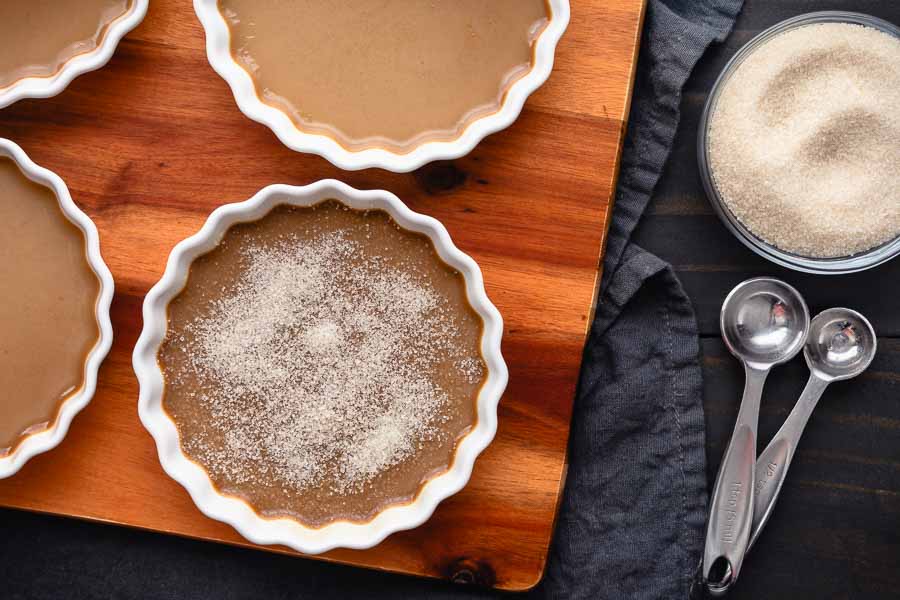 Granulated sugar on top of coffee custard