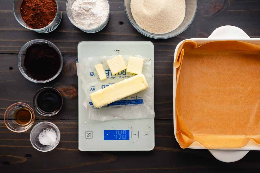 Weighing the brownie base ingredients