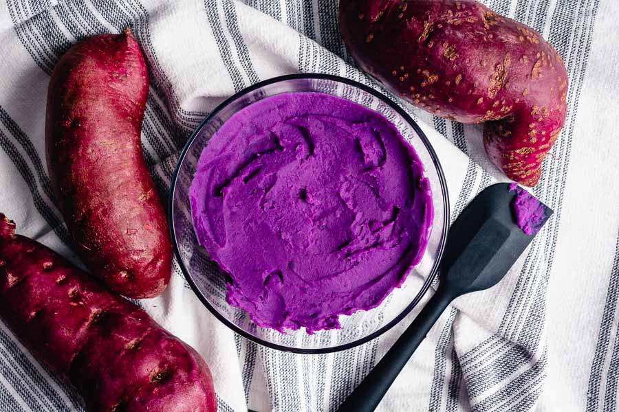 Freshly made purple sweet potato puree