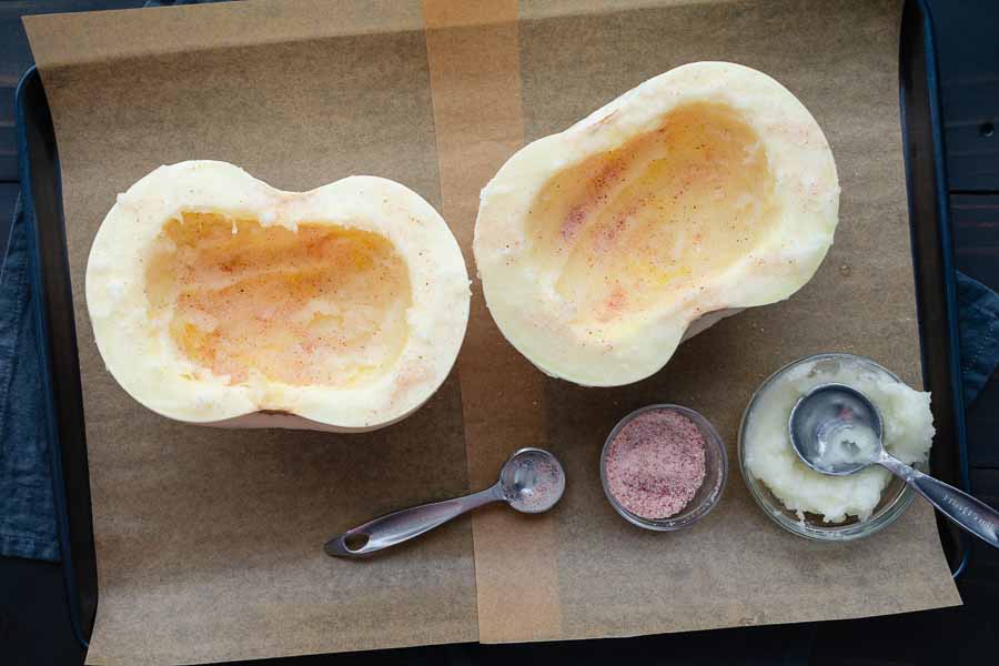 White pumpkin prepped for baking