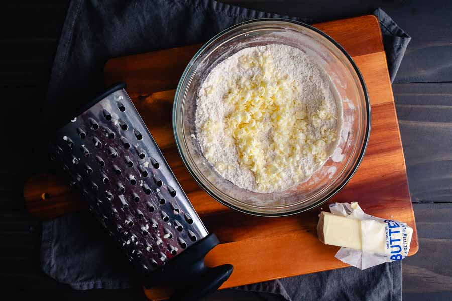 Frozen butter grated into dry crust ingredients