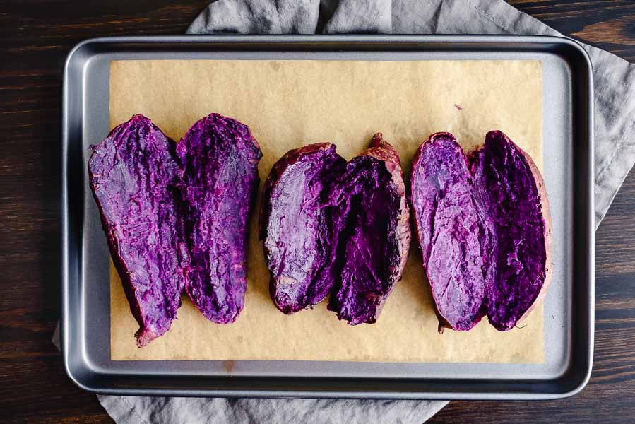 Cooling the baked purple sweet potatoes