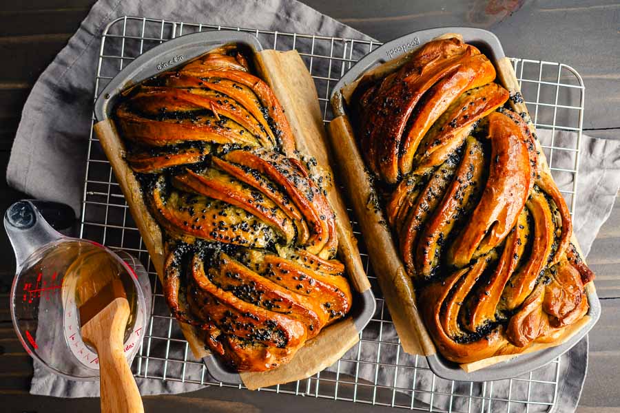 Glazing the warm babka with simple syrup