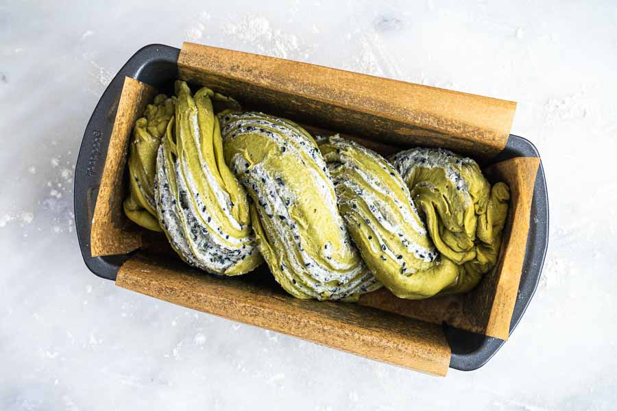 Twisted Matcha Black Sesame Babka dough before a one-hour rise