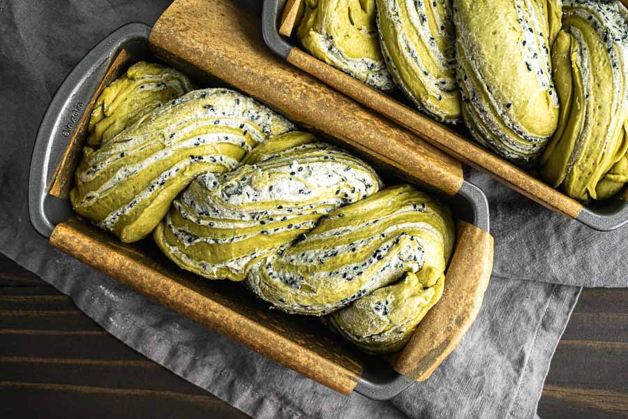 Twisted Matcha Black Sesame Babka dough after a one-hour rise